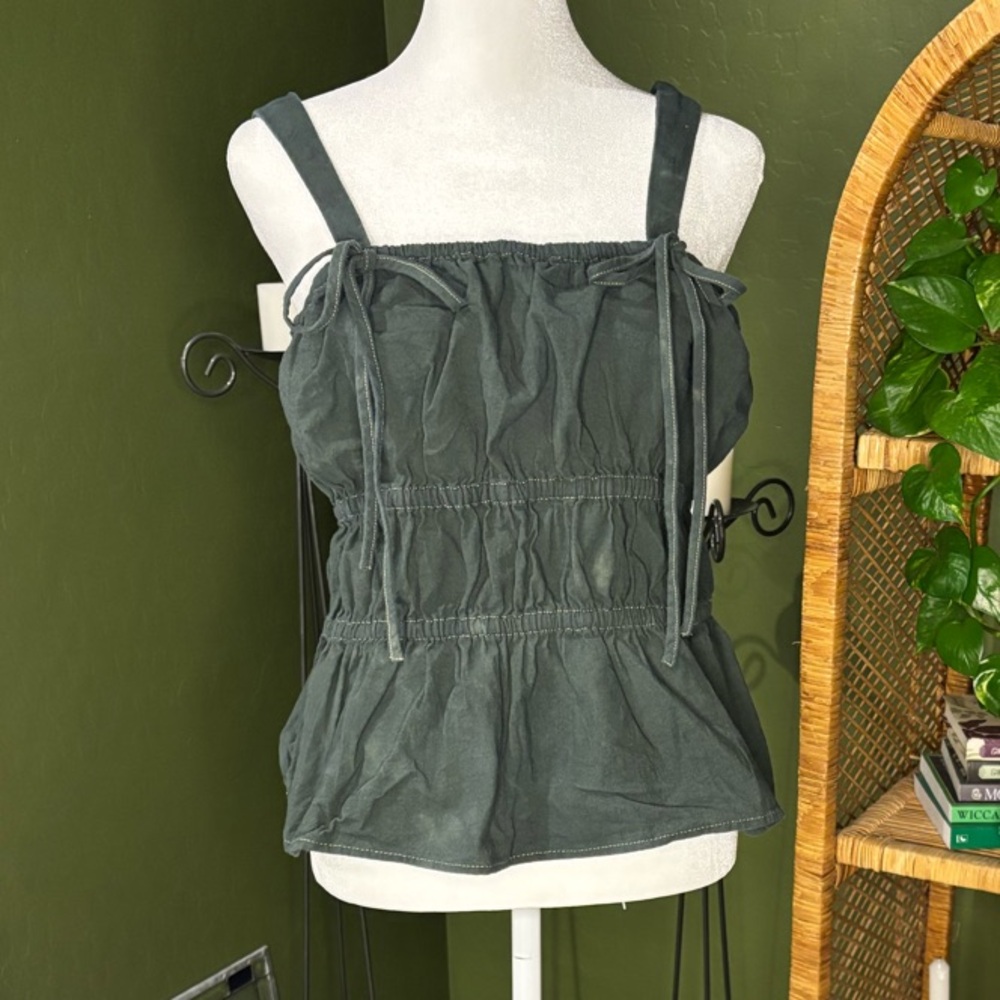 Target Universal Thread Green Peplum Bow Front Contrast Stitch Ruched Tank Top